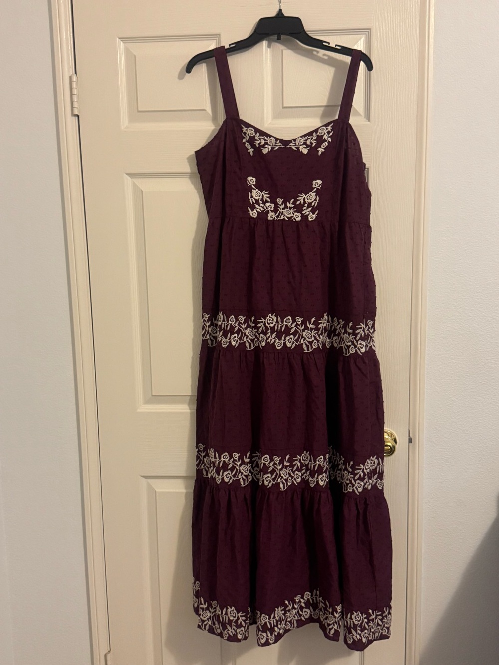 Women's Burgundy Embroidered Tiered Sundress